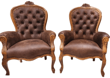 Walnut and Italian Leather Upholstered Arm chairs
