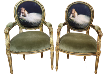 Giltwood Louis XVI-style armchairs with portrait panels