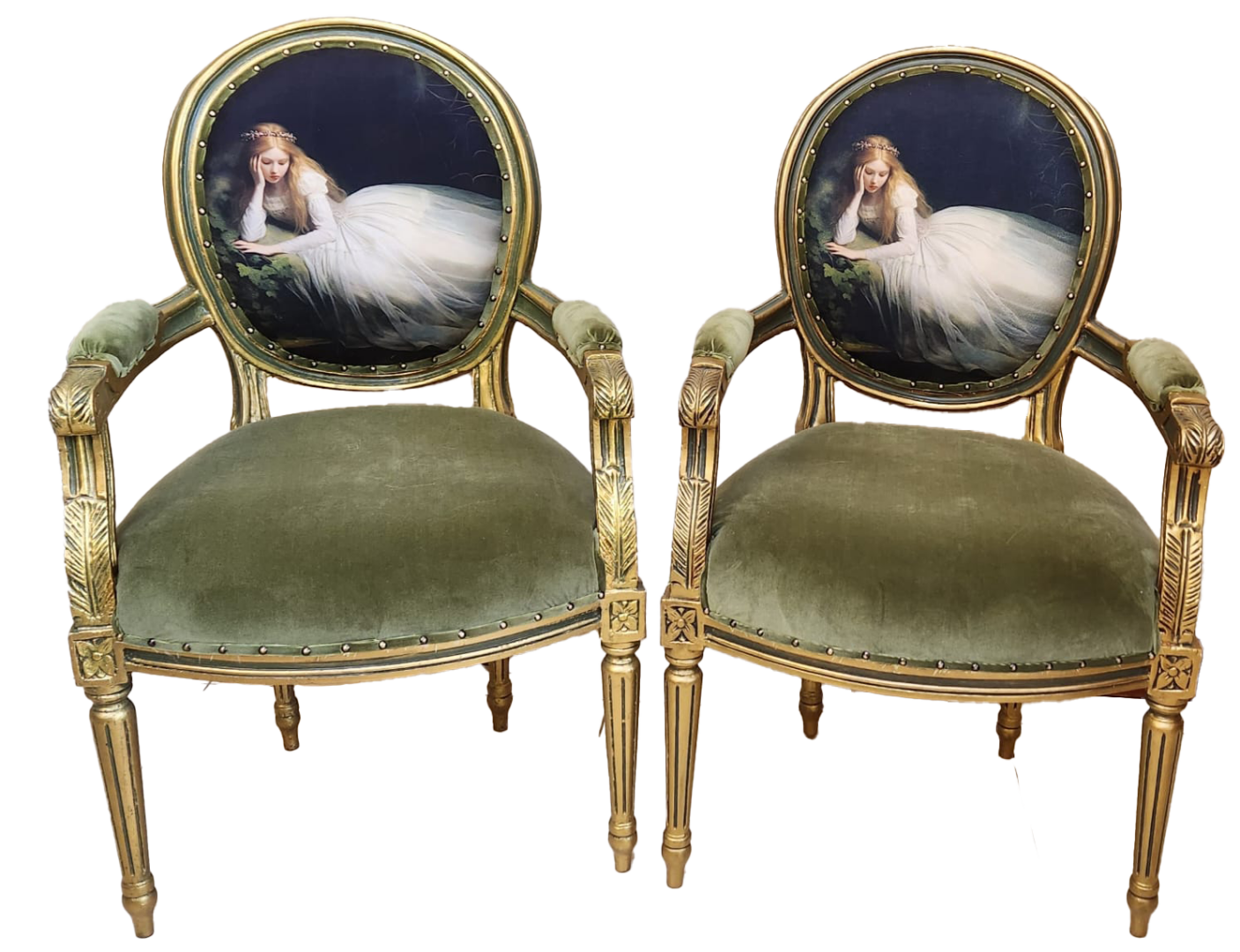 Giltwood Louis XVI-style armchairs with portrait panels